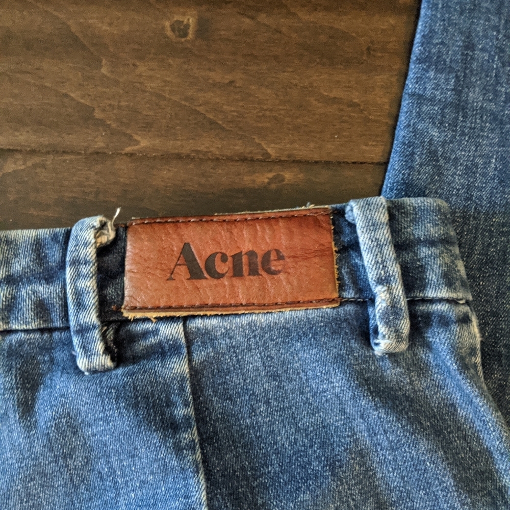 Acne Blue Denim Jeans with Brown Leather Patch SZ 28